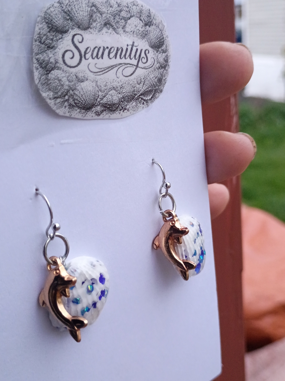 Gold Dolphin Blue & White Shell Drop Earrings